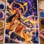 Hands placing drills on the Sagittarius celestial archer diamond painting canvas.