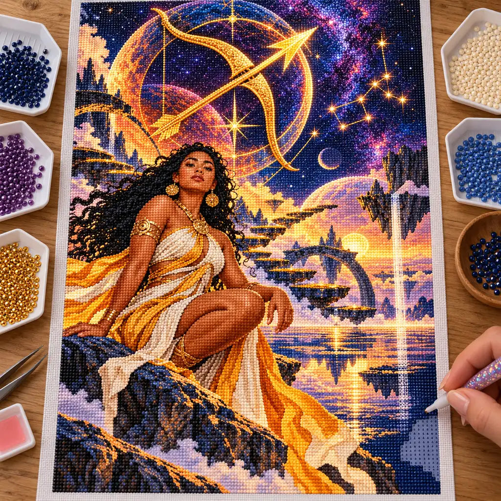 Hands placing drills on the Sagittarius celestial archer diamond painting canvas.
