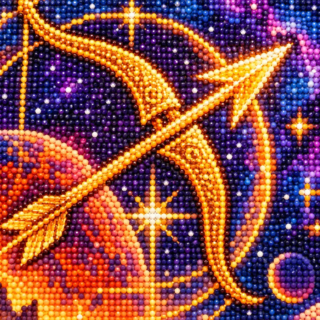 Close-up of the golden bow and arrow constellation rendered in diamond drills.