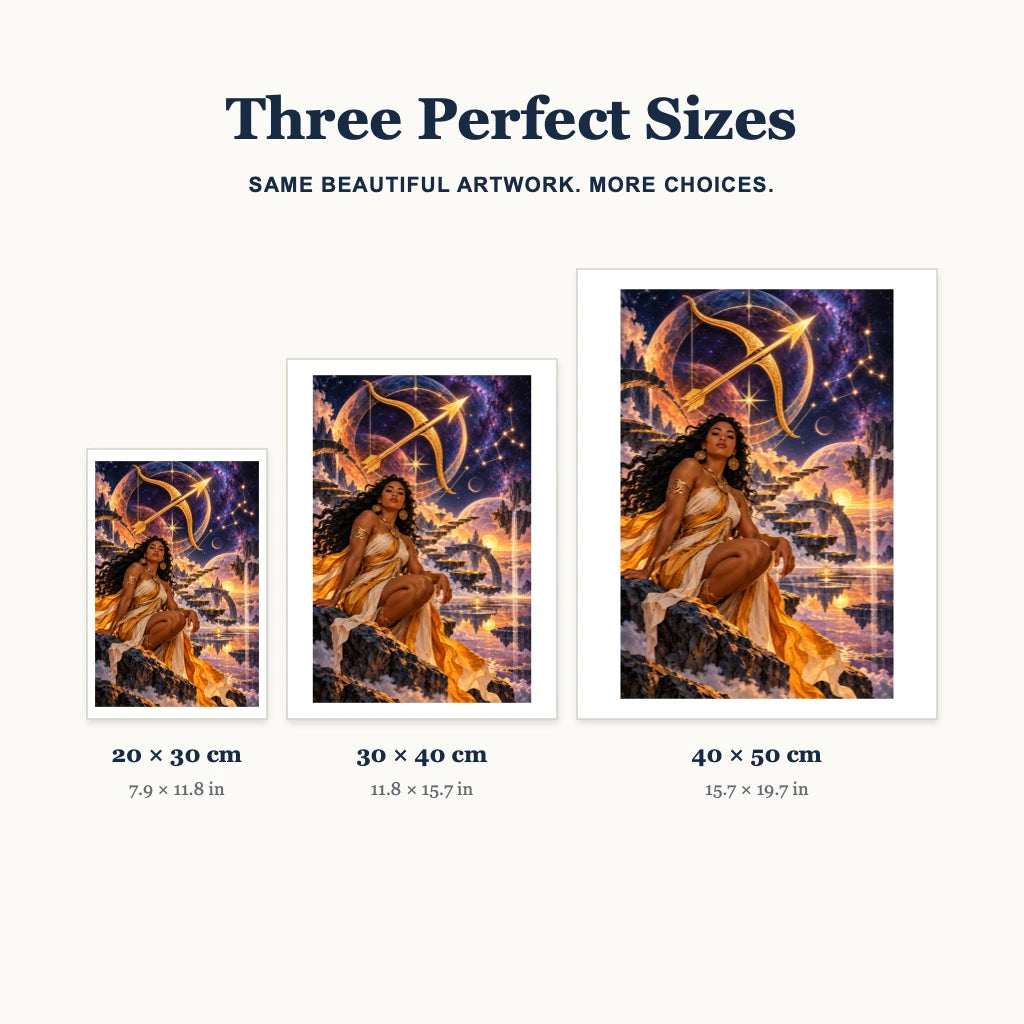 Sagittarius celestial archer diamond painting size guide for 20 × 30, 30 × 40, and 40 × 50 cm.