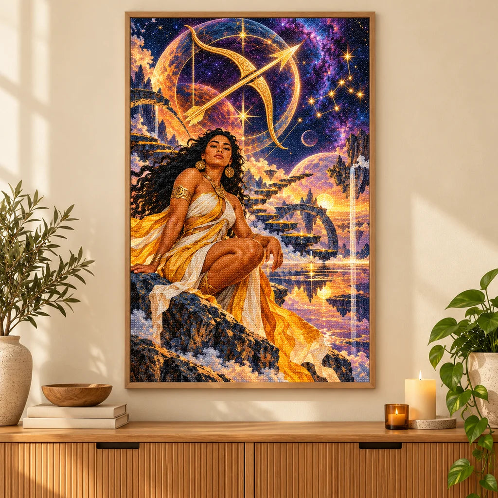 Framed Sagittarius celestial archer diamond painting displayed in a living room.