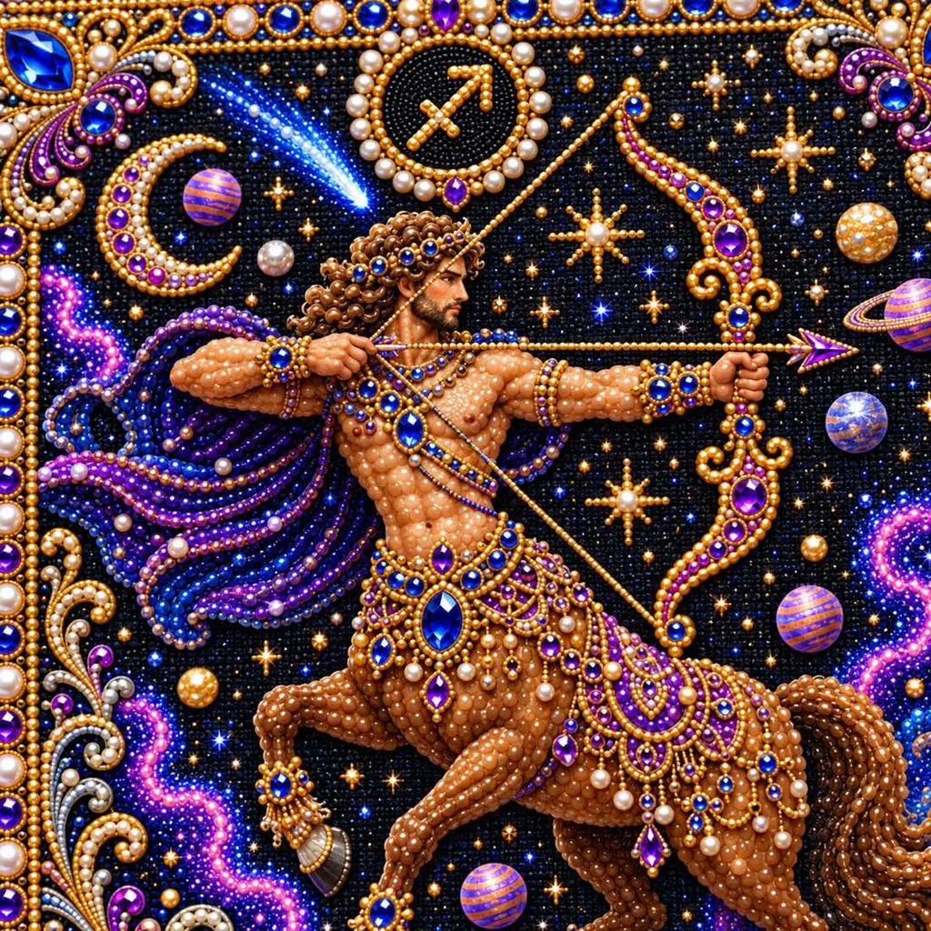 Close-up of glossy pearls and printed canvas in the sagittarius design