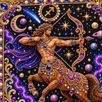 Close-up of glossy pearls and printed canvas in the sagittarius design
