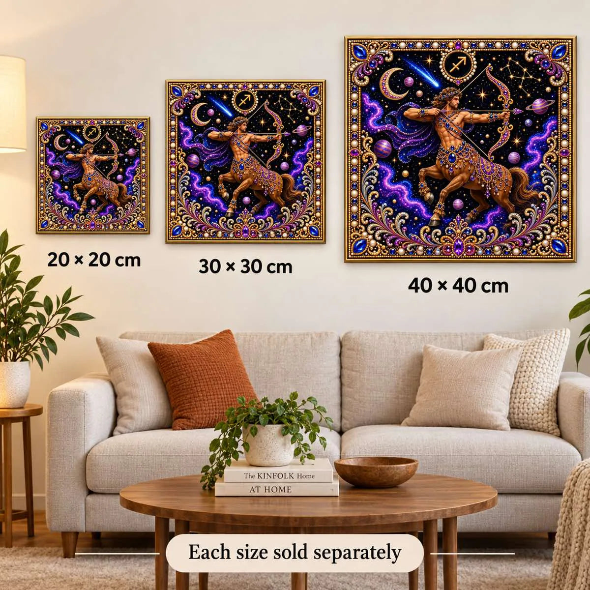 sagittarius artwork size comparison for 20, 30 and 40 cm options; each sold separately