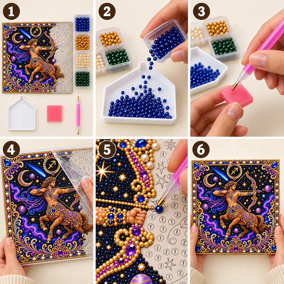 Six illustrated steps for placing pearls on the sagittarius design