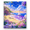 Sailboat on Flowered Beach paint by numbers artwork on a front-facing canvas against a white background