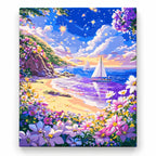 Sailboat on Flowered Beach paint by numbers artwork on a front-facing canvas against a white background