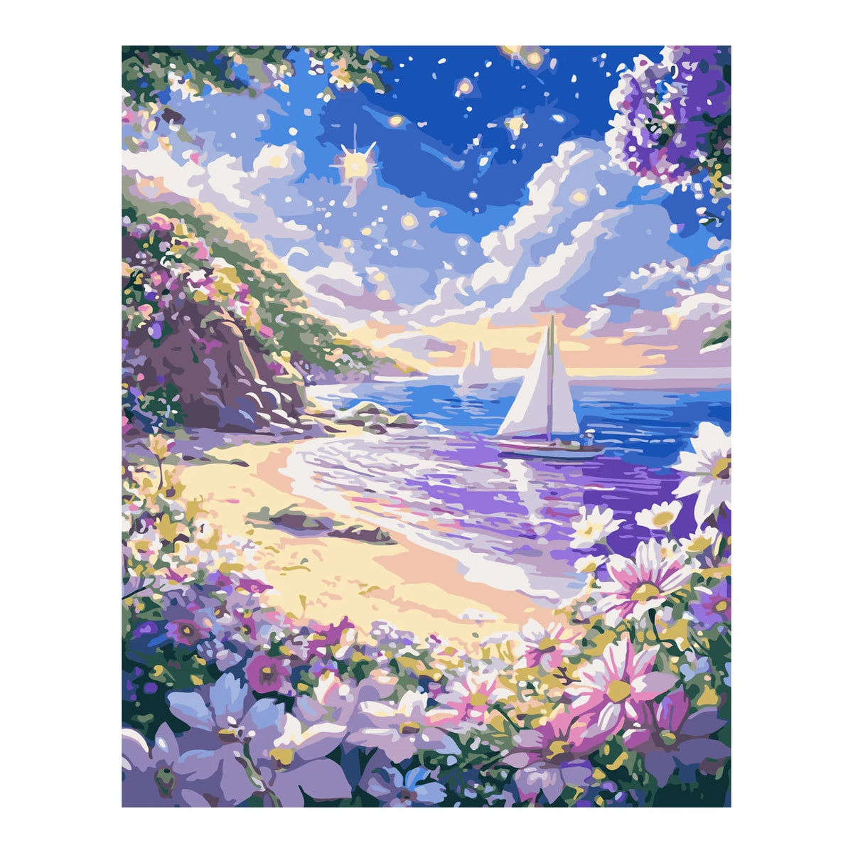 Sailboat on Flowered Beach completed artwork on a clean white background
