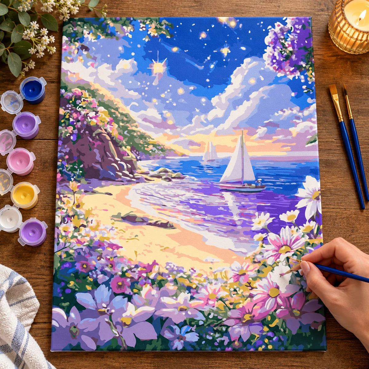 Complete Sailboat on Flowered Beach numbered canvas being painted with acrylic paints and brushes