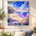 Sailboat on Flowered Beach shown in a styled room with 15.7 × 19.7 in and 40 × 50 cm dimensions