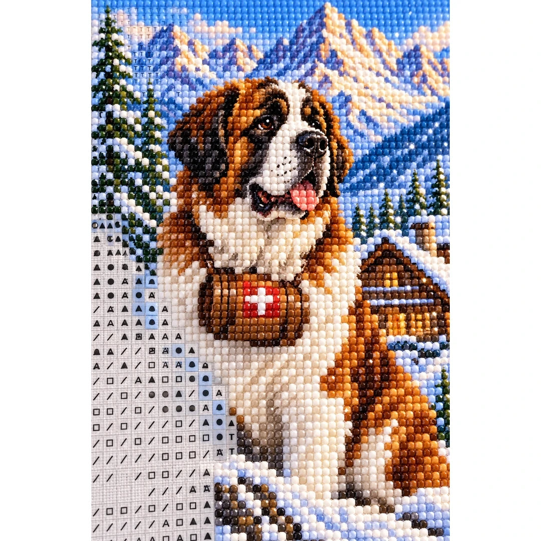 Saint Bernard Alpine Rescue Diamond Painting Kit diamond and canvas detail