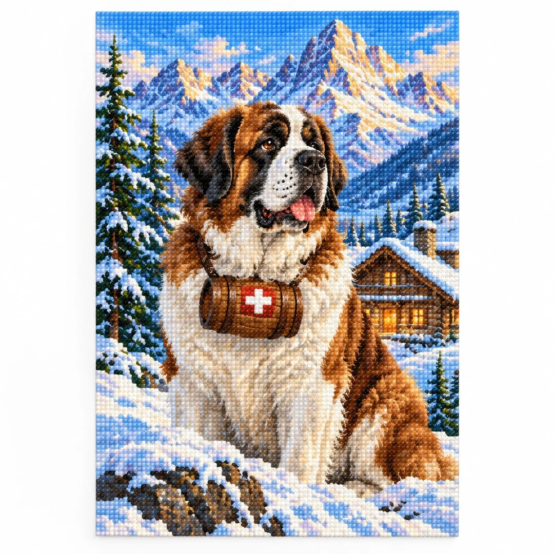 Saint Bernard Alpine Rescue Diamond Painting Kit finished diamond artwork on white background