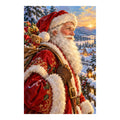 White-background original artwork of Saint Nicholas in a red winter robe against snowy evergreens at sunset for a diamond painting kit