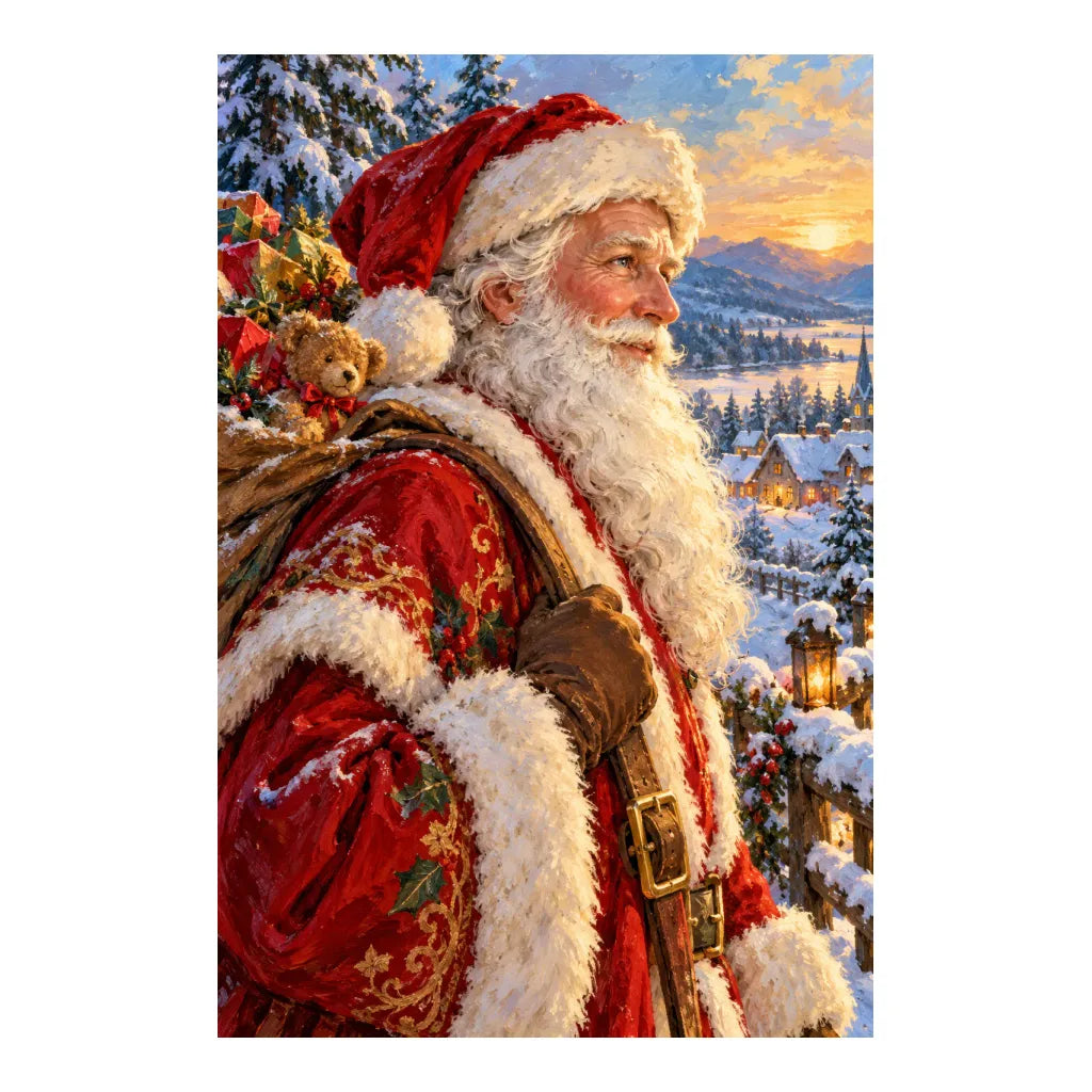 White-background original artwork of Saint Nicholas in a red winter robe against snowy evergreens at sunset for a diamond painting kit