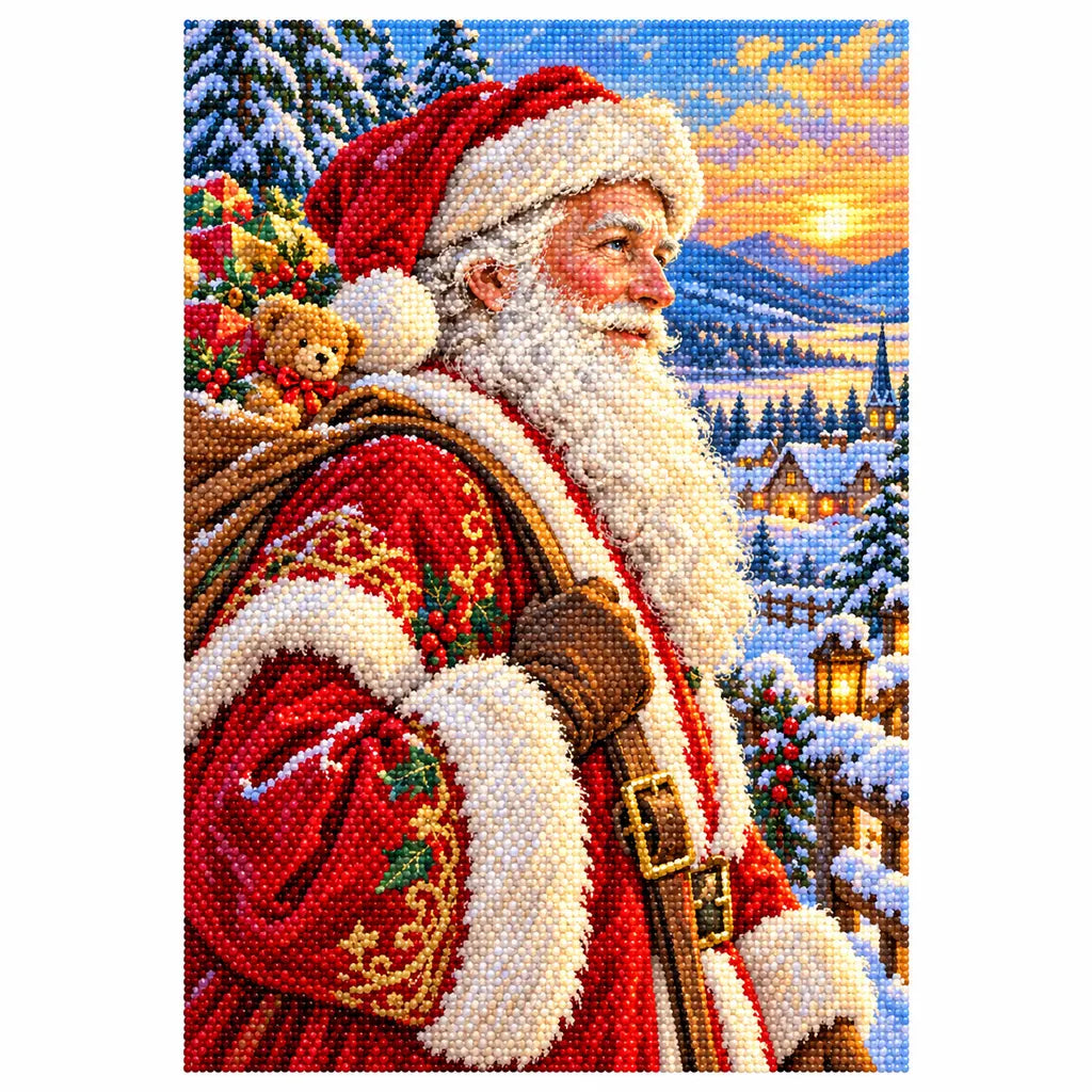 White-background finished diamond painting of Saint Nicholas in a red winter robe against snowy evergreens at sunset with sparkling drills