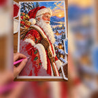 Diamond painting process showing Saint Nicholas in a red winter robe against snowy evergreens at sunset being completed with a stylus