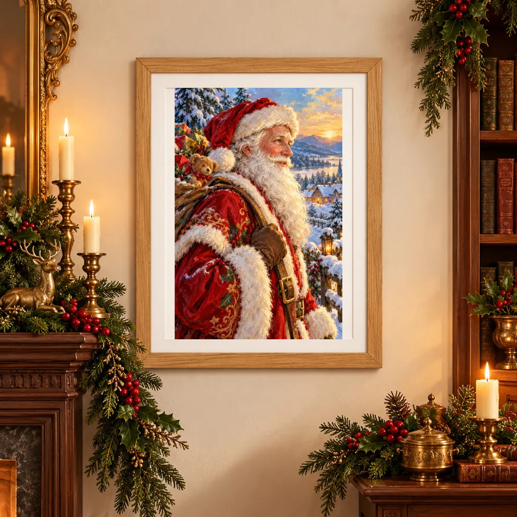 Framed Saint Nicholas in a red winter robe against snowy evergreens at sunset diamond painting displayed as home decor