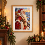 Framed Saint Nicholas in a red winter robe against snowy evergreens at sunset diamond painting displayed as home decor