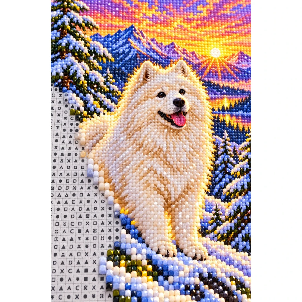 Samoyed Snowy Pine Sunrise Diamond Painting Kit — canvas and drill material detail