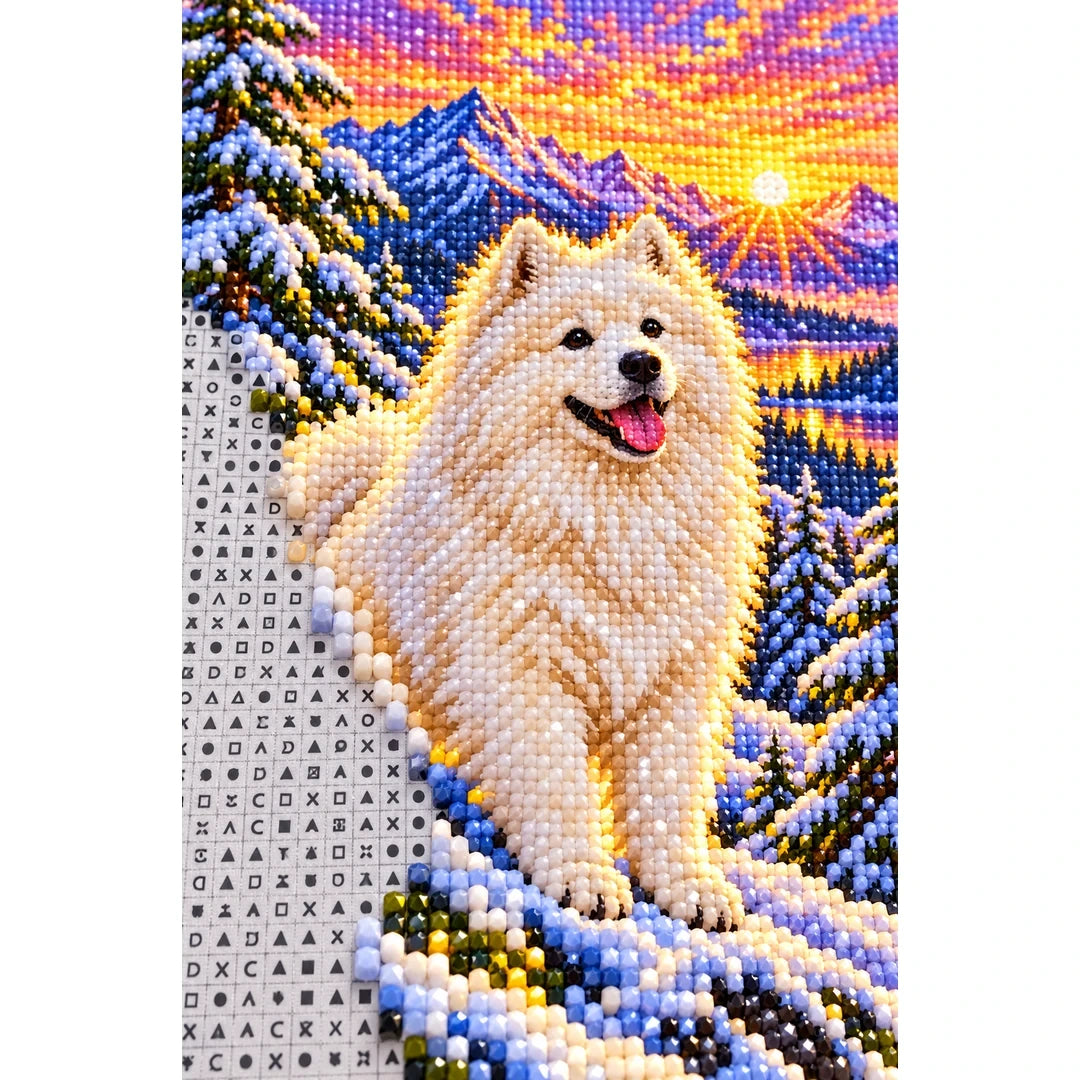 Samoyed Snowy Pine Sunrise Diamond Painting Kit — canvas and drill material detail