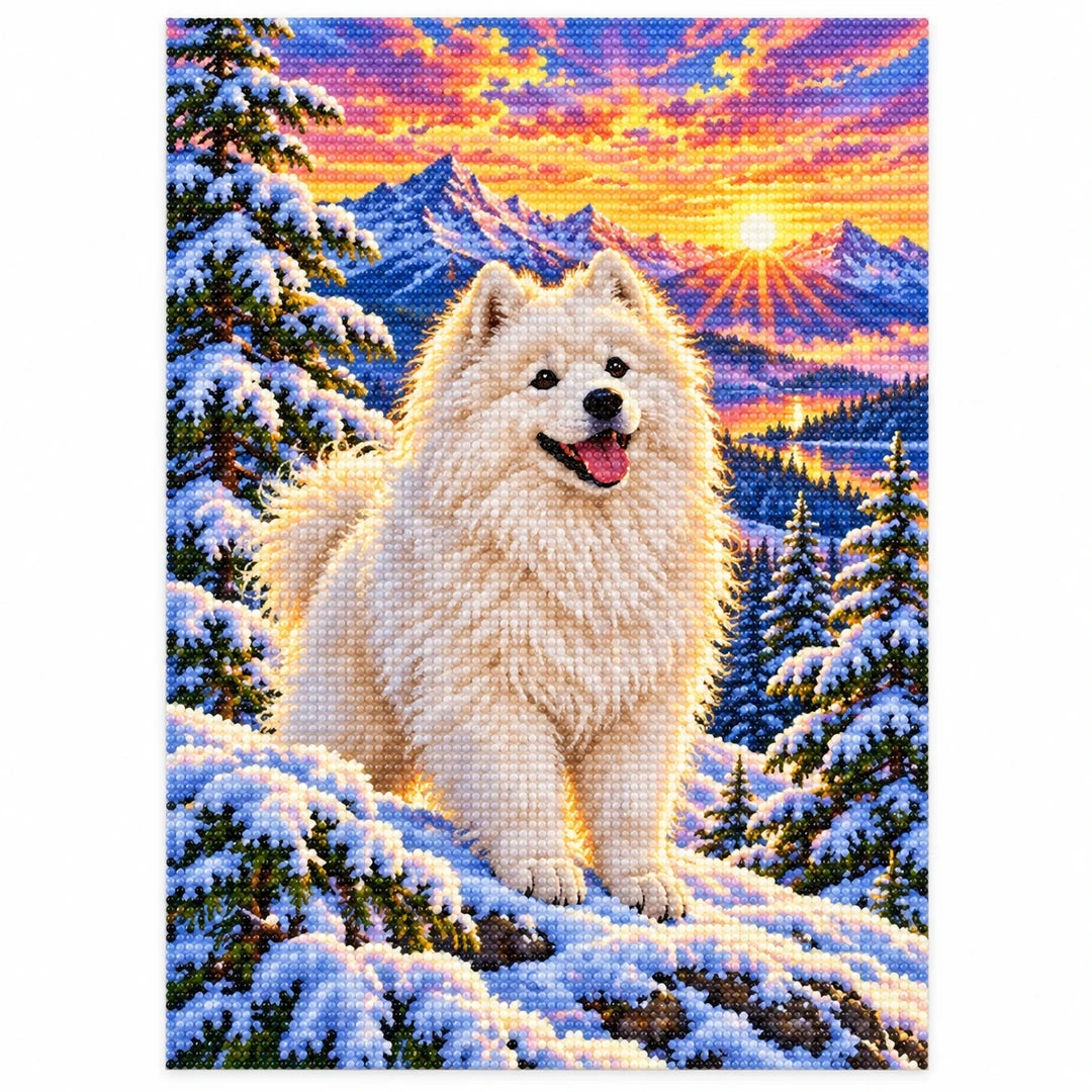 Samoyed Snowy Pine Sunrise Diamond Painting Kit — finished diamond painting on white background