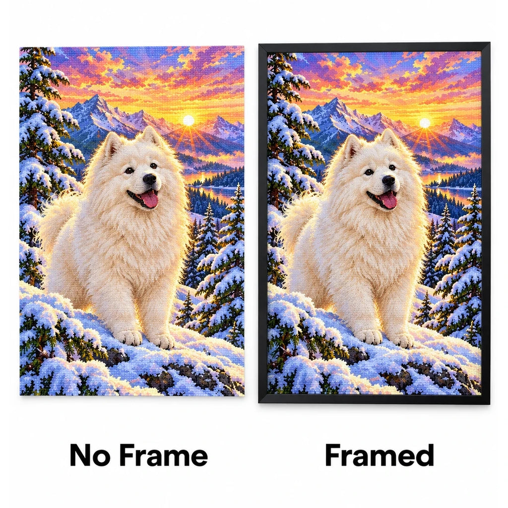 Samoyed Snowy Pine Sunrise Diamond Painting Kit — No Frame and Framed style comparison