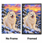 Samoyed Snowy Pine Sunrise Diamond Painting Kit — No Frame and Framed style comparison