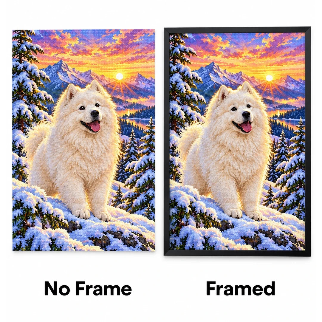 Samoyed Snowy Pine Sunrise Diamond Painting Kit — No Frame and Framed style comparison