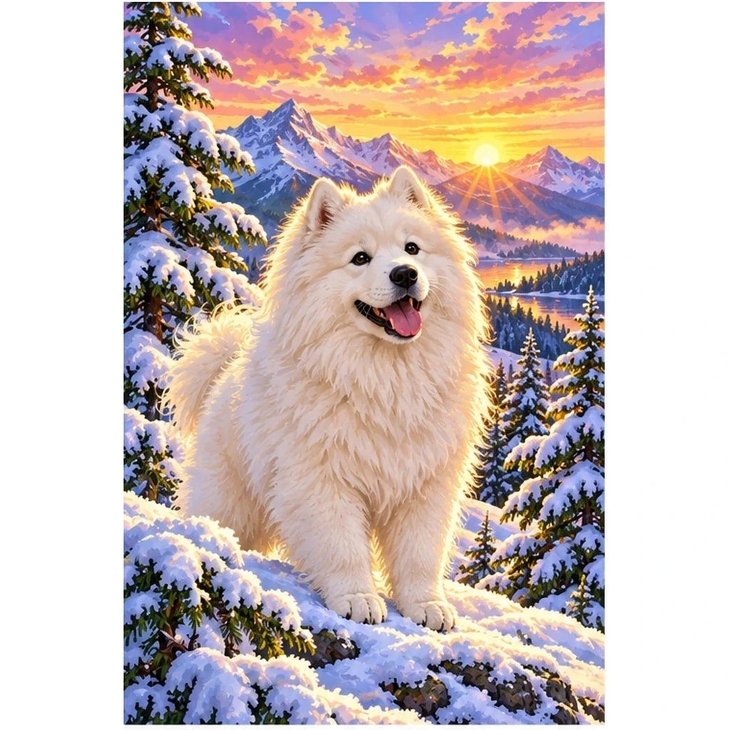 Samoyed Snowy Pine Sunrise Diamond Painting Kit — original white-background artwork