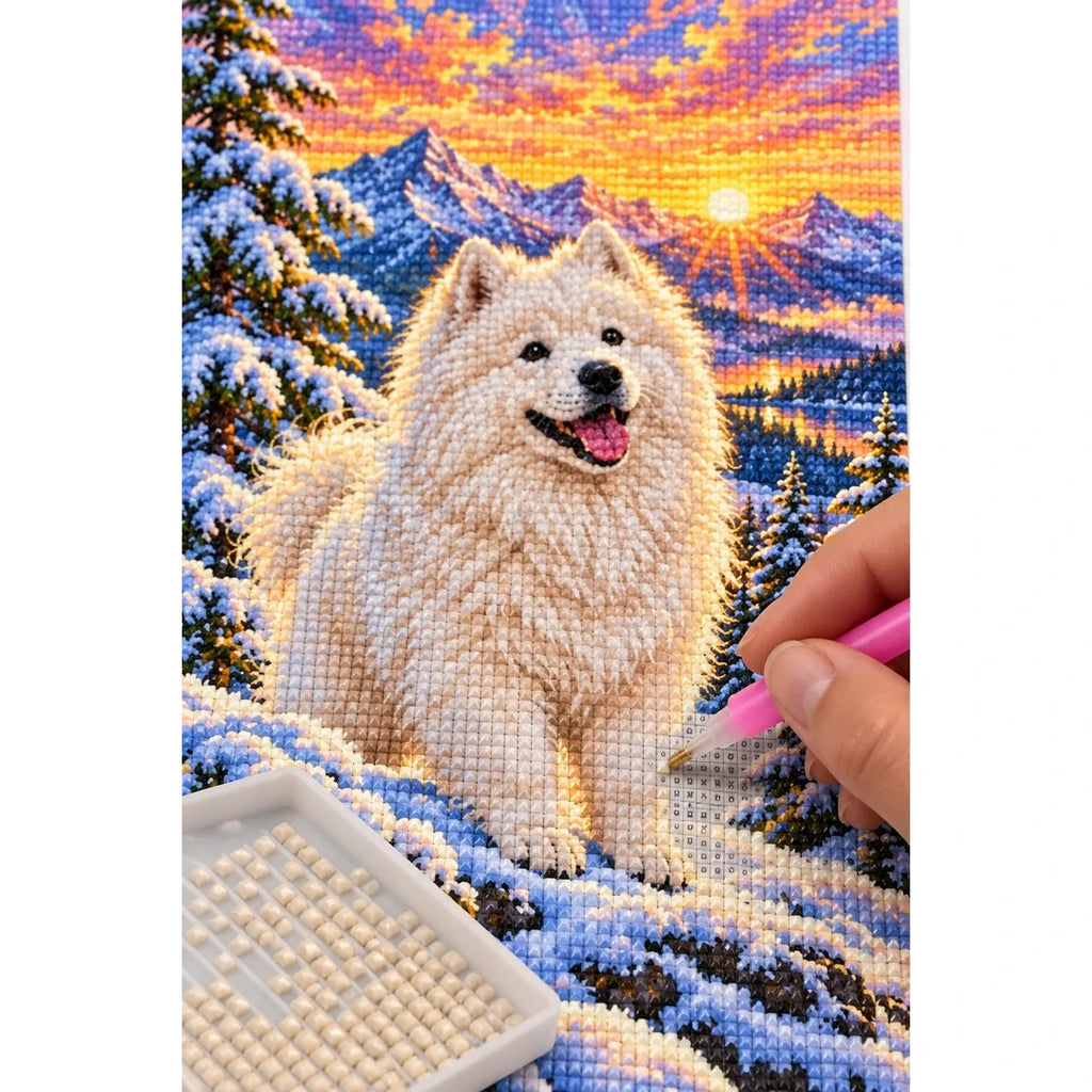 Samoyed Snowy Pine Sunrise Diamond Painting Kit — diamond painting application process