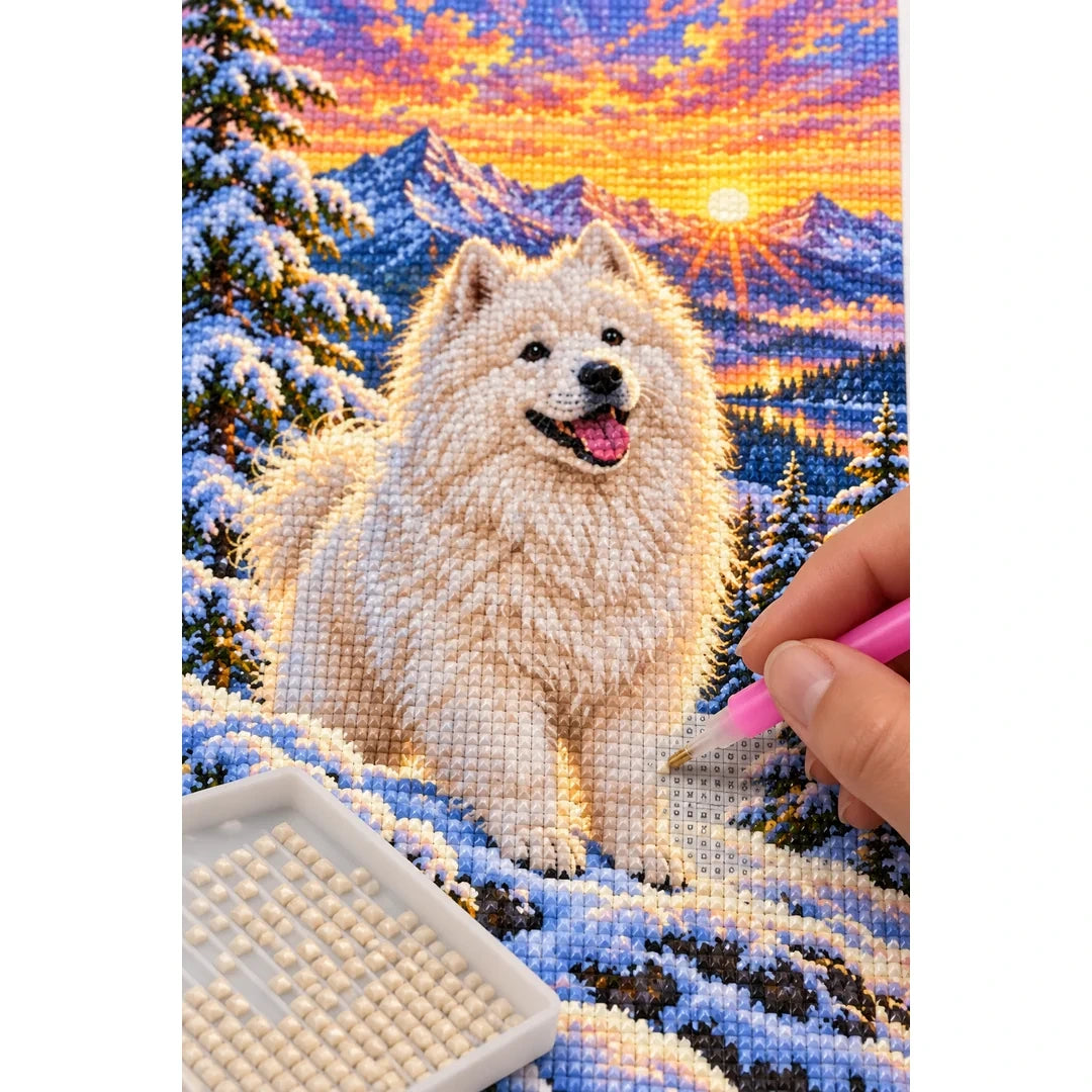 Samoyed Snowy Pine Sunrise Diamond Painting Kit — diamond painting application process