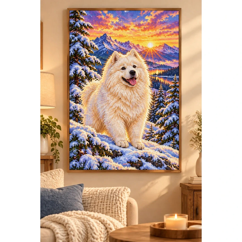 Samoyed Snowy Pine Sunrise Diamond Painting Kit — finished diamond painting in a home setting