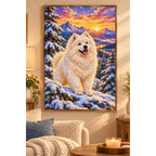 Samoyed Snowy Pine Sunrise Diamond Painting Kit — finished diamond painting in a home setting