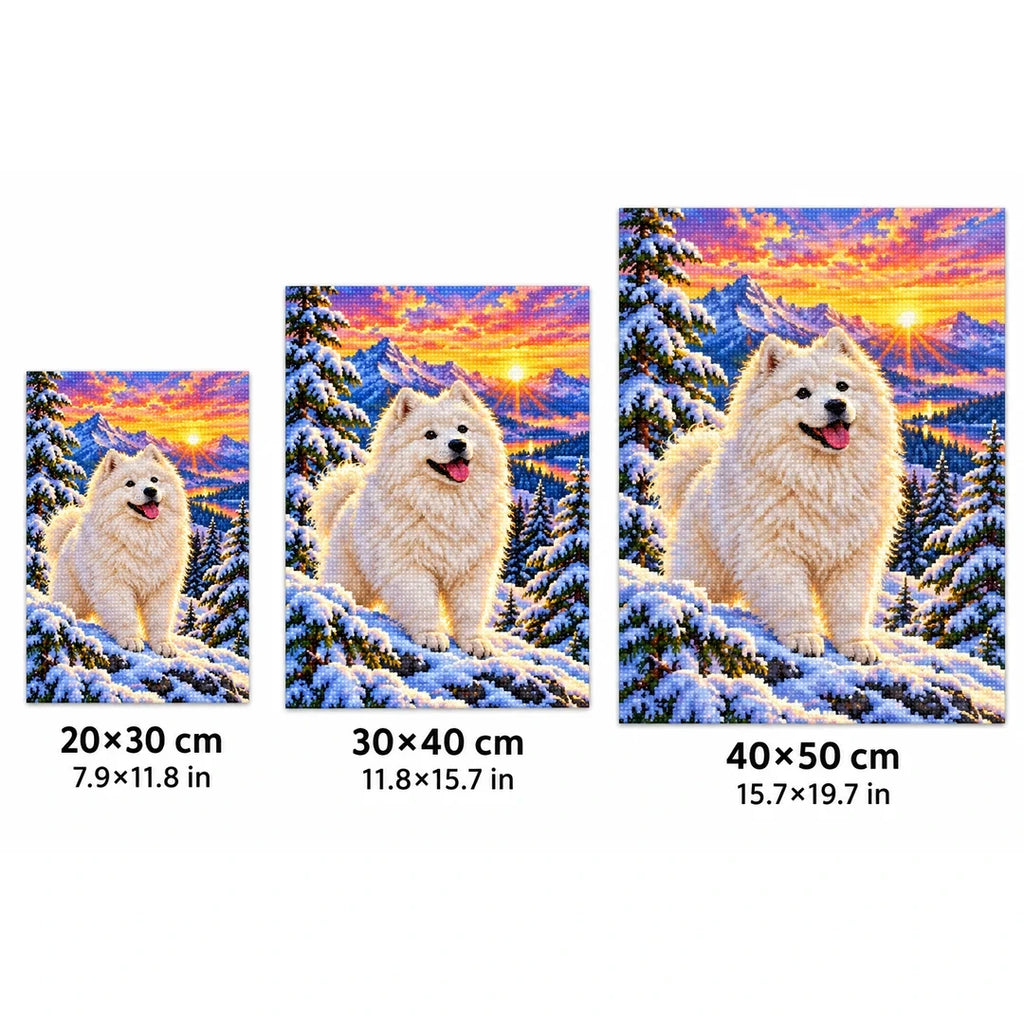 Samoyed Snowy Pine Sunrise Diamond Painting Kit — 20 by 30, 30 by 40, and 40 by 50 centimeter size guide