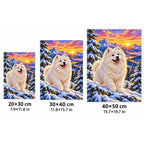 Samoyed Snowy Pine Sunrise Diamond Painting Kit — 20 by 30, 30 by 40, and 40 by 50 centimeter size guide