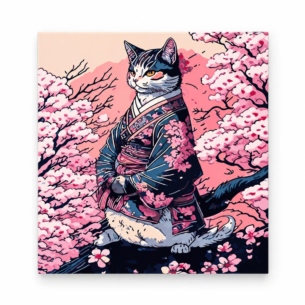 Samurai Cat Under Cherry Blossoms paint by numbers artwork on a front-facing canvas against a white background