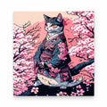 Samurai Cat Under Cherry Blossoms paint by numbers artwork on a front-facing canvas against a white background