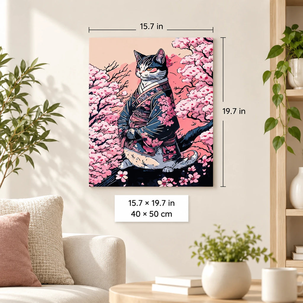 Samurai Cat Under Cherry Blossoms shown in a styled room with 15.7 x 19.7 in and 40 x 50 cm dimensions