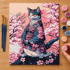 Complete Samurai Cat Under Cherry Blossoms numbered canvas being painted with acrylic paints and brushes