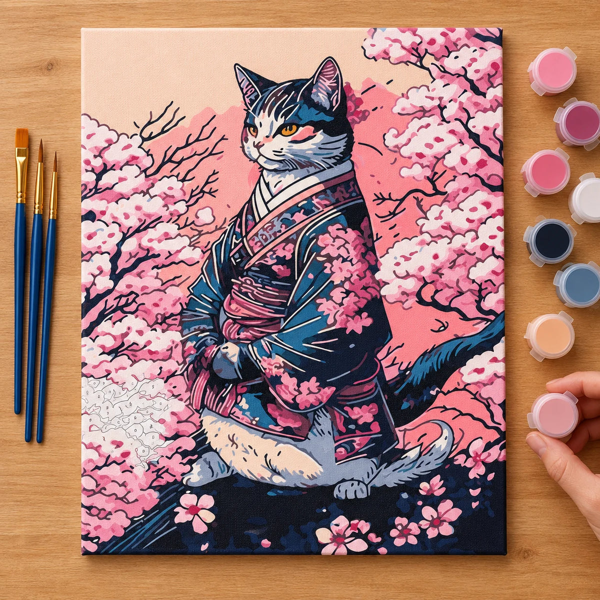 Complete Samurai Cat Under Cherry Blossoms numbered canvas being painted with acrylic paints and brushes