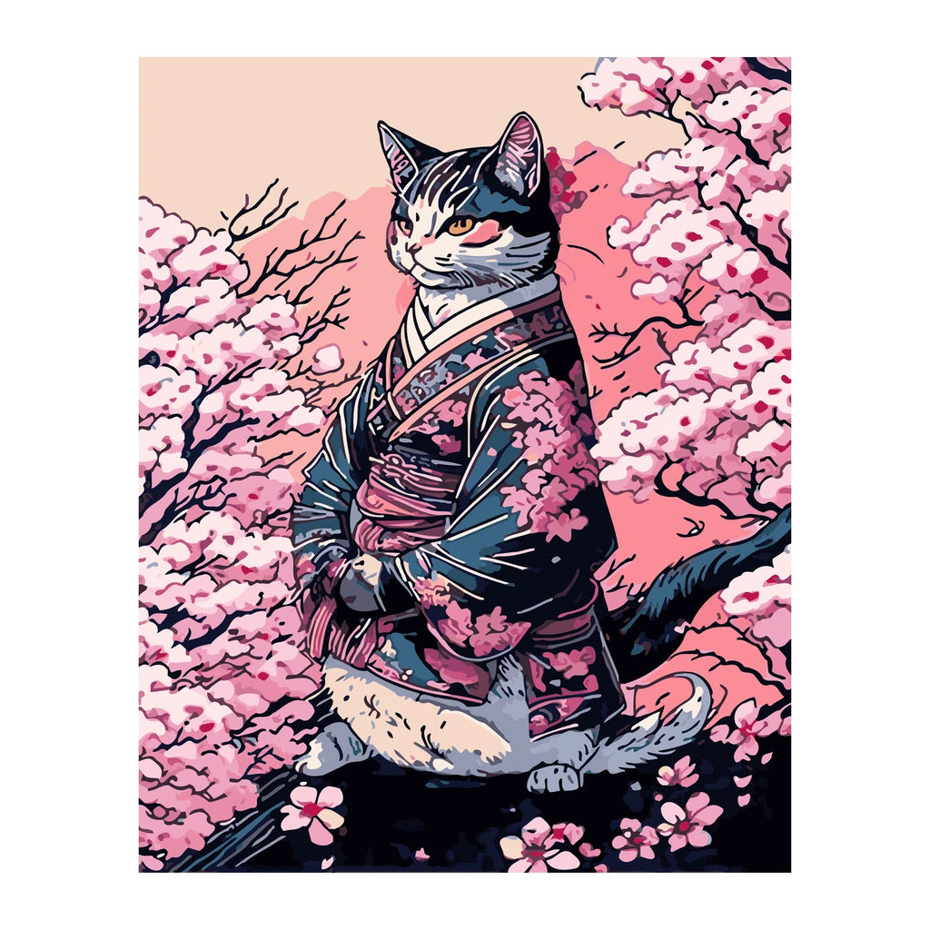 Samurai Cat Under Cherry Blossoms completed artwork on a clean white background