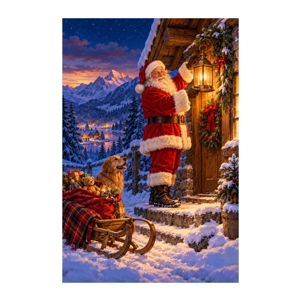 Original illustration of Santa beside a lantern at a snowy alpine chalet at dusk, on a white background