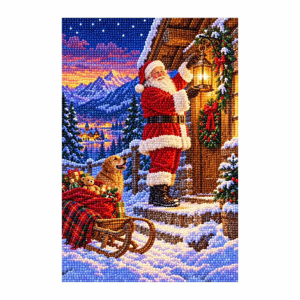 Finished diamond painting of Santa at an alpine chalet with a glowing lantern