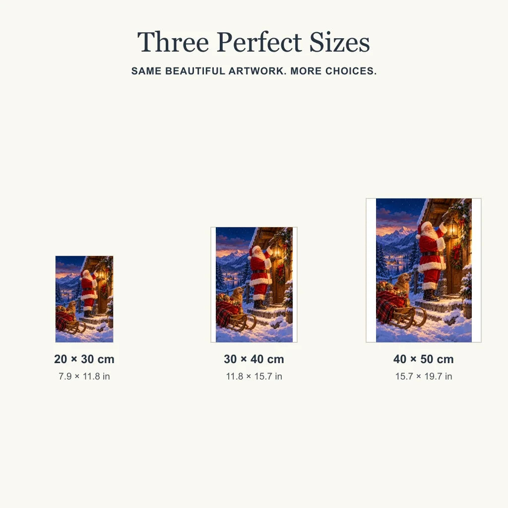 Portrait size guide for the Santa alpine lantern design: 20 × 30, 30 × 40, and 40 × 50 cm