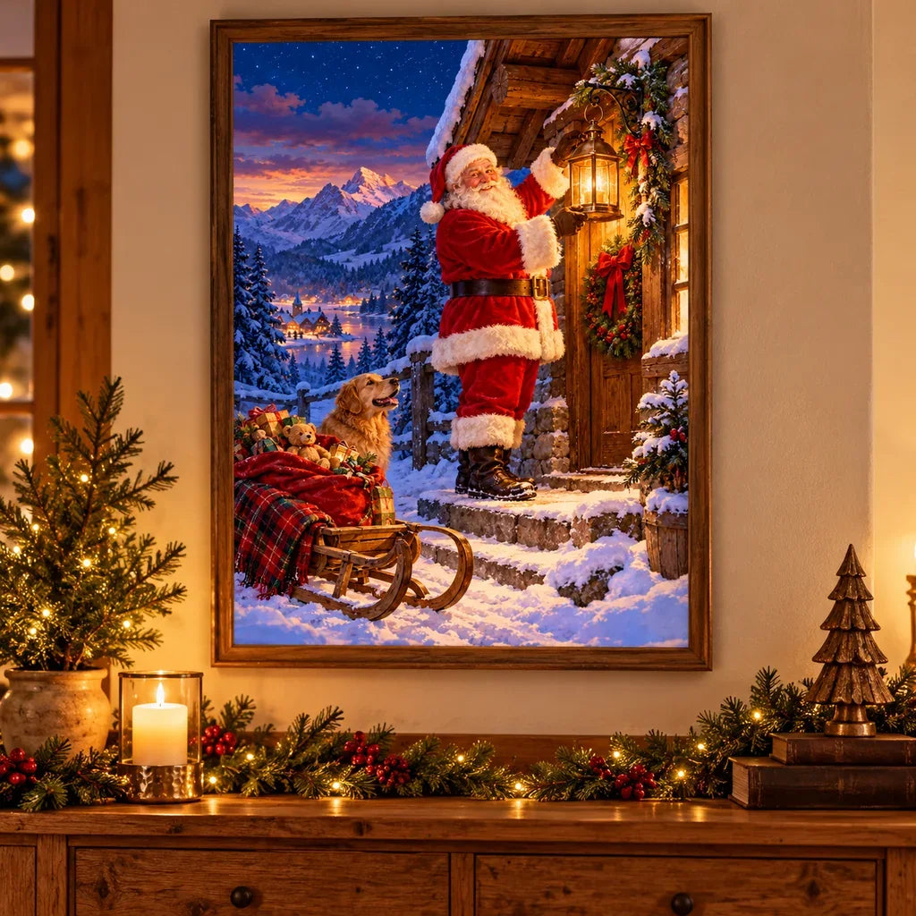 Framed Santa alpine lantern diamond painting displayed in a Christmas living room