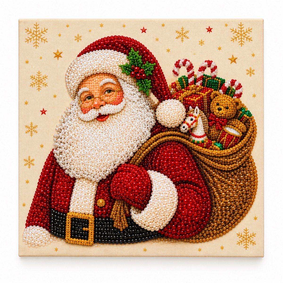 Santa with Christmas Sack pearl painting kit, white-background complete design