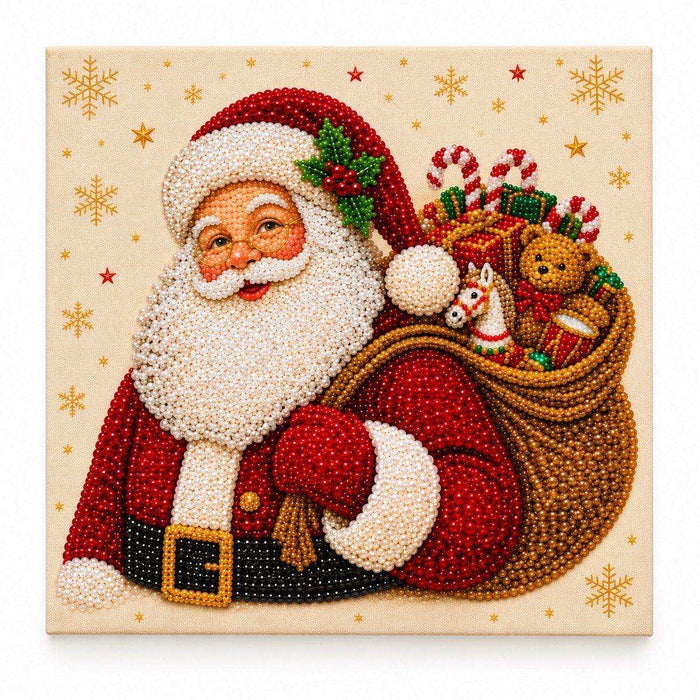 Santa with Christmas Sack pearl painting kit, white-background complete design