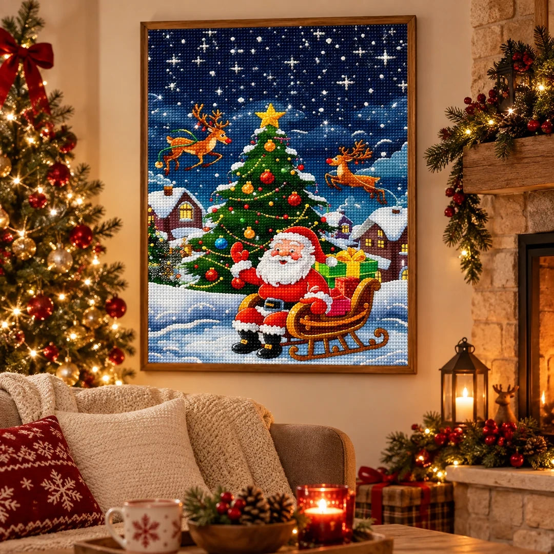 Santa Christmas Tree Diamond Painting Kit scene