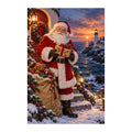 Original illustration of Santa carrying a gift beside a snowy coastal lighthouse at sunset, on a white background