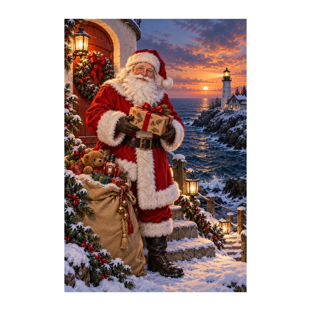 Original illustration of Santa carrying a gift beside a snowy coastal lighthouse at sunset, on a white background